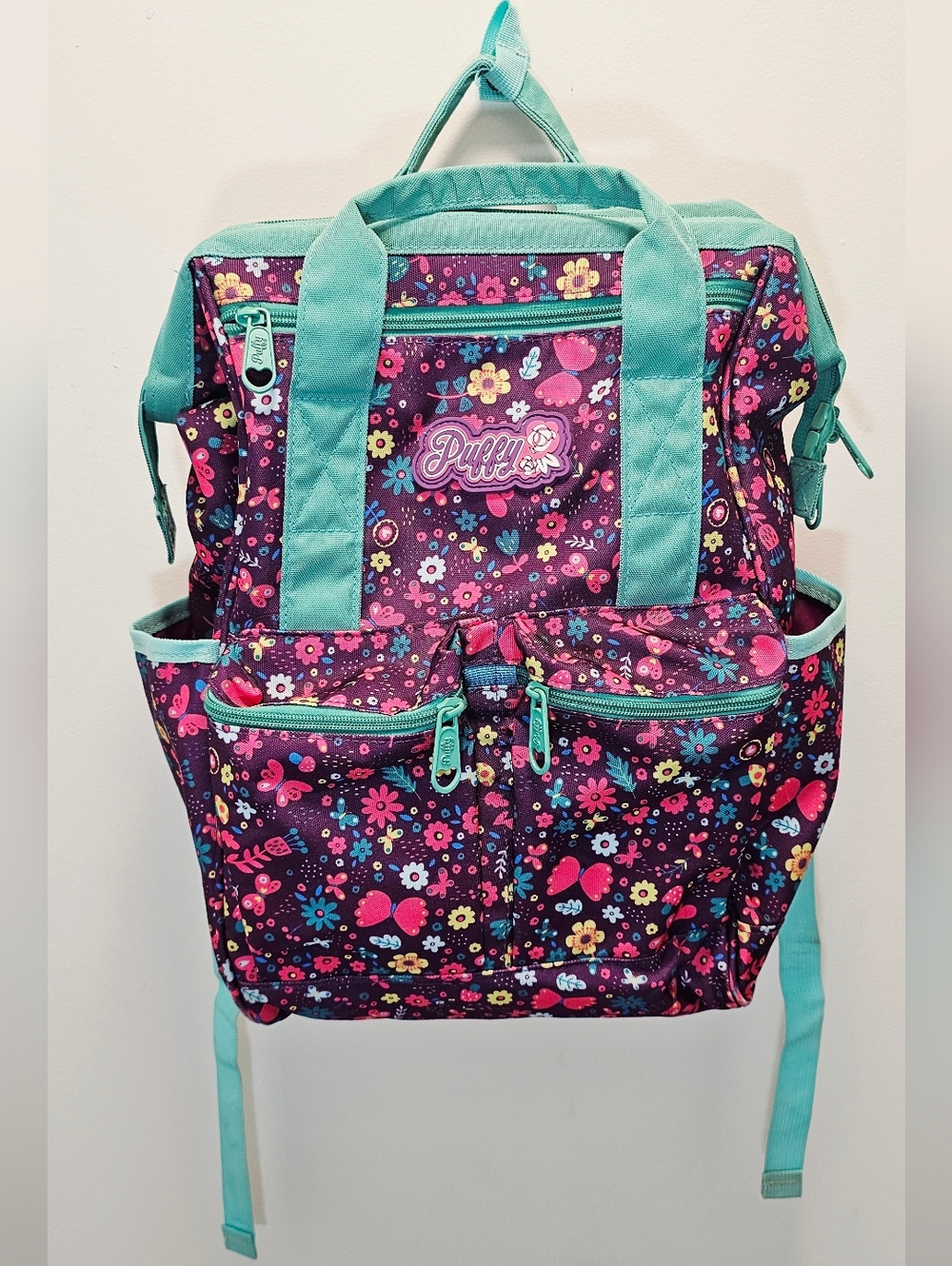 Kids Floral Convertible Backpack Tote in Purple and Aqua